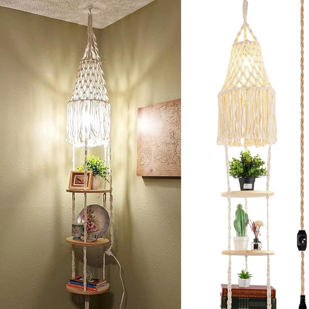 Boho Hanging Macrame Lamp Shade & Hanging Plant Shelf 3 Tier